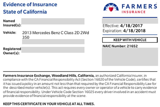 Sample California auto insurance ID card (evidence of insurance) with the policyholder's name, VIN and policy number blacked out