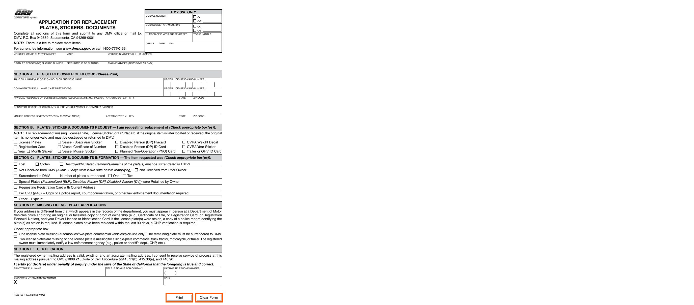 Formulario REG 156 del DMV de California, solicitud de placas, calcomanías (stickers) o documentos de reemplazo — página 1