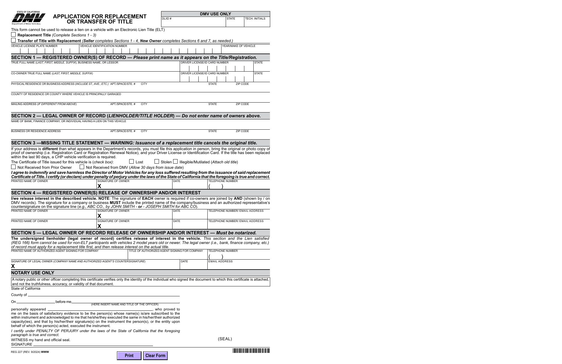 California DMV form REG 227, Application for Replacement or Transfer of Title — page 1