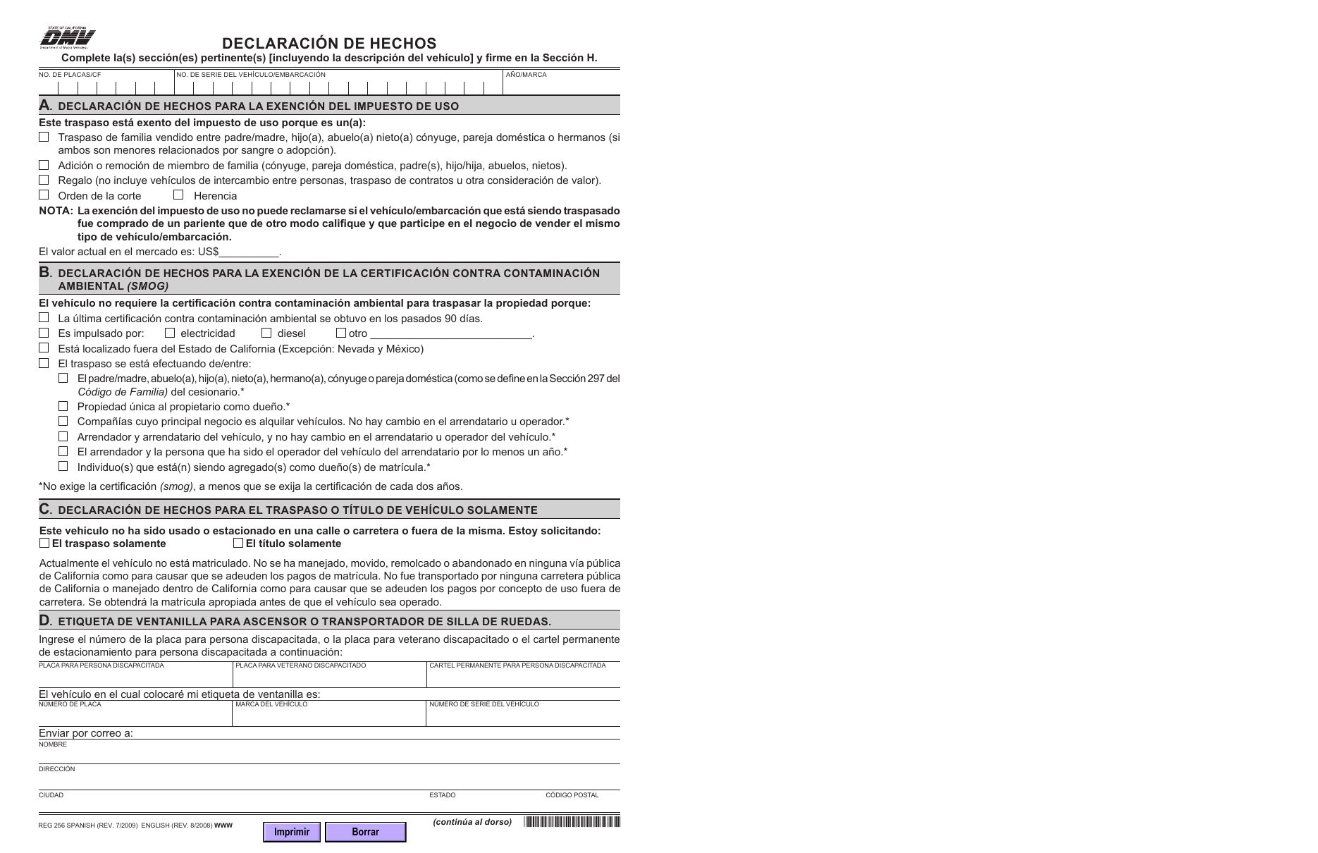 California DMV form REG 256, Statement of Facts — page 1