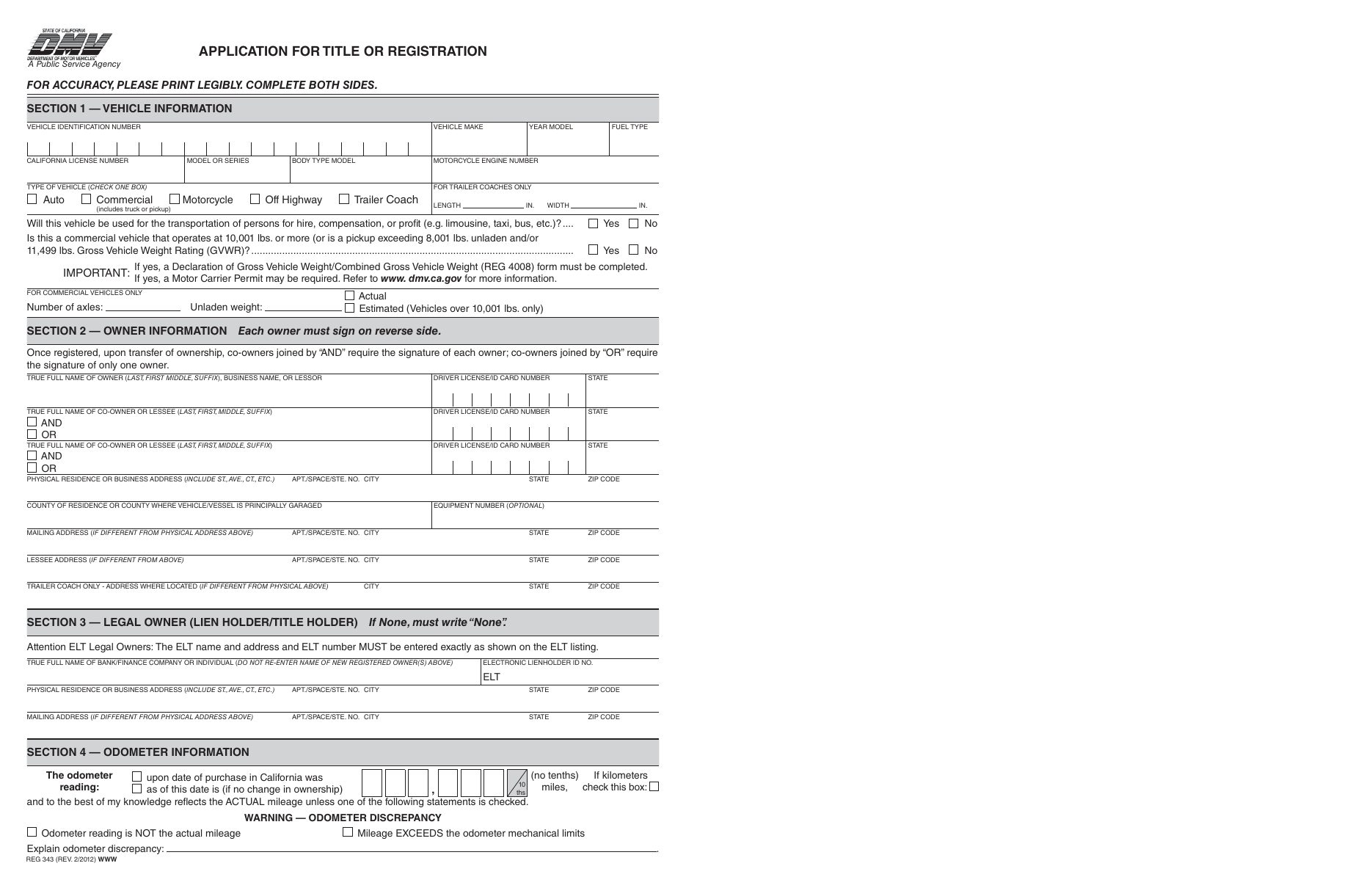 California DMV form REG 343, Application for Title or Registration — page 1