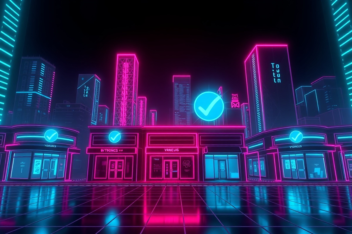 A neon city of verified small businesses, each glowing with a checkmark — the future EYMA is building