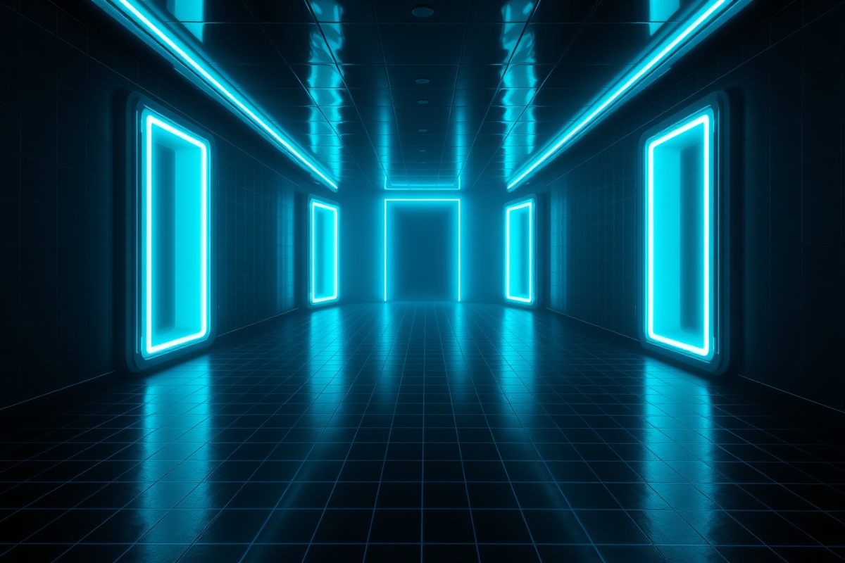 A corridor of five glowing light gates — the five gates of the EYMA Vetting Protocol