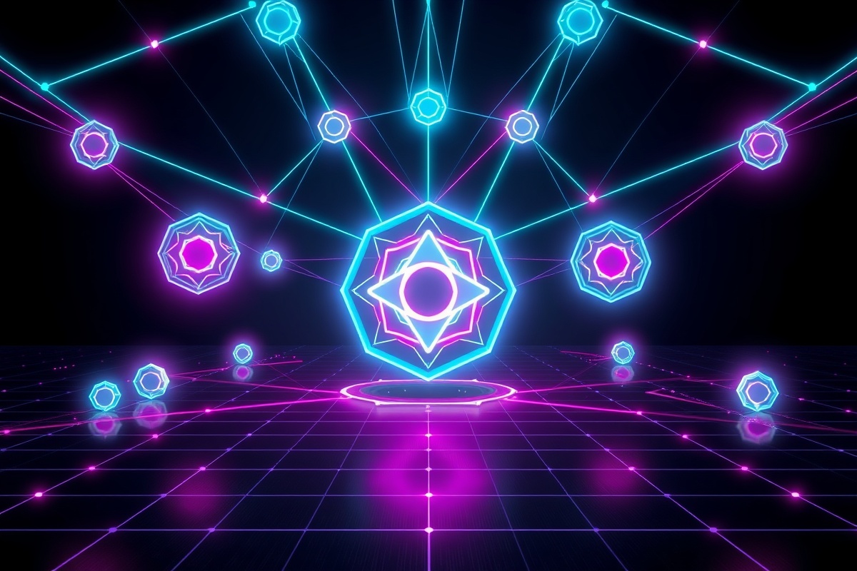 Tron-style visualization of the EYMA agent network — glowing agent nodes linked by light beams around the registry's eye emblem