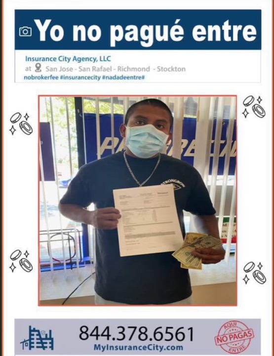 Bilingual Insurance City customer holding new auto insurance policy and cash savings — no broker fee paid in California